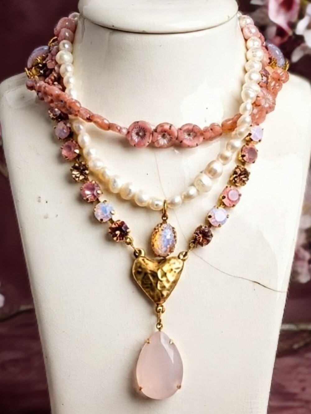 Victorian Pink Fire Opal, Crystals, Porcelain & Pearls in Stunning Necklace